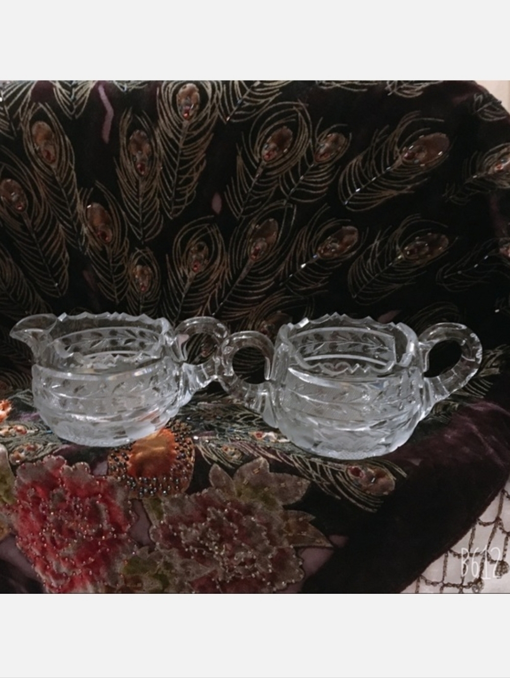 Vintage Heavy Cut Crystal Sawtooth Edge Cream & Sugar Not Pressed Glass Antique